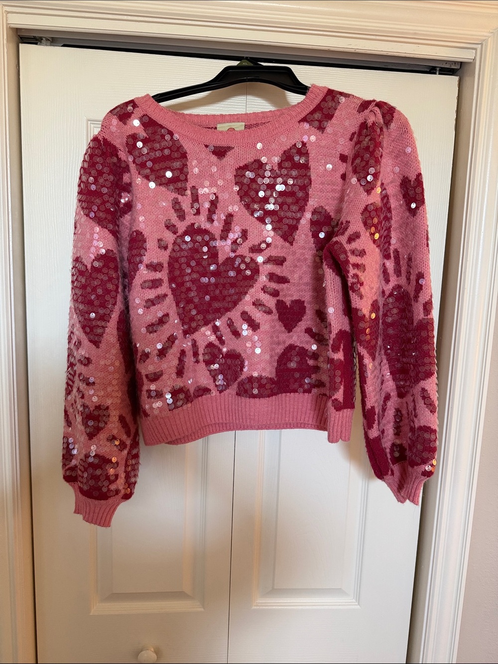 FARM Rio Pink Sequin Heart Crewneck Sweater